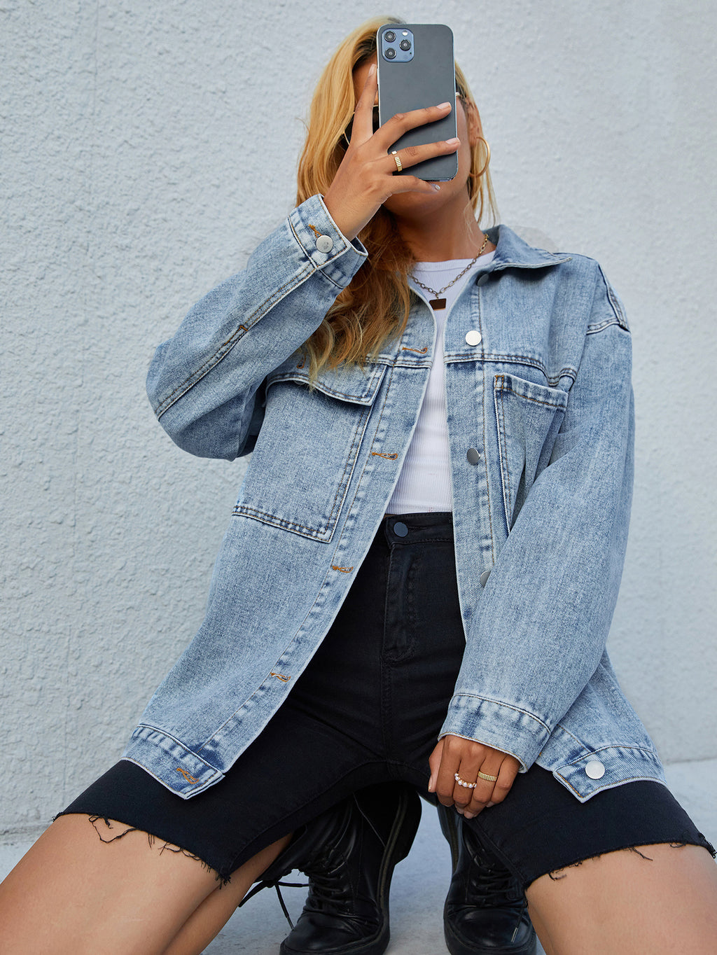 Veste longue en jean bleu slim pour femme