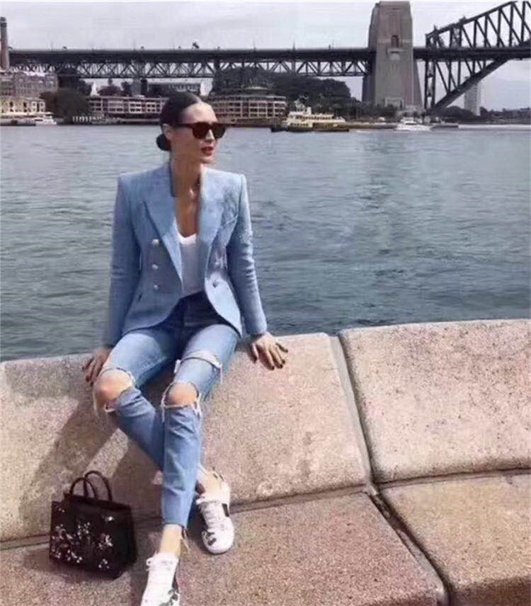 Blazer Femme Rayé en Mélange de Coton à Boutons