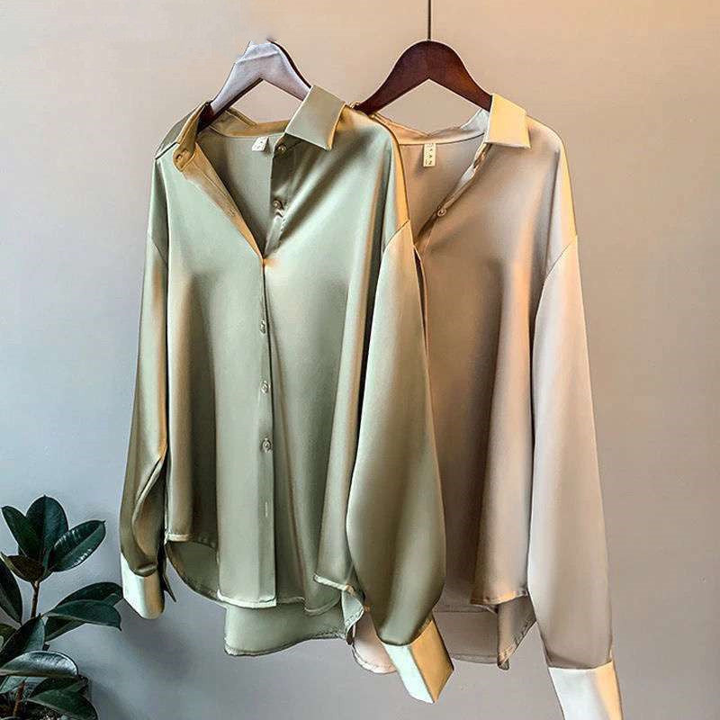 Chemise en satin à manches longues pour femme, coloris blanc nacré, vert, abricot et noir
