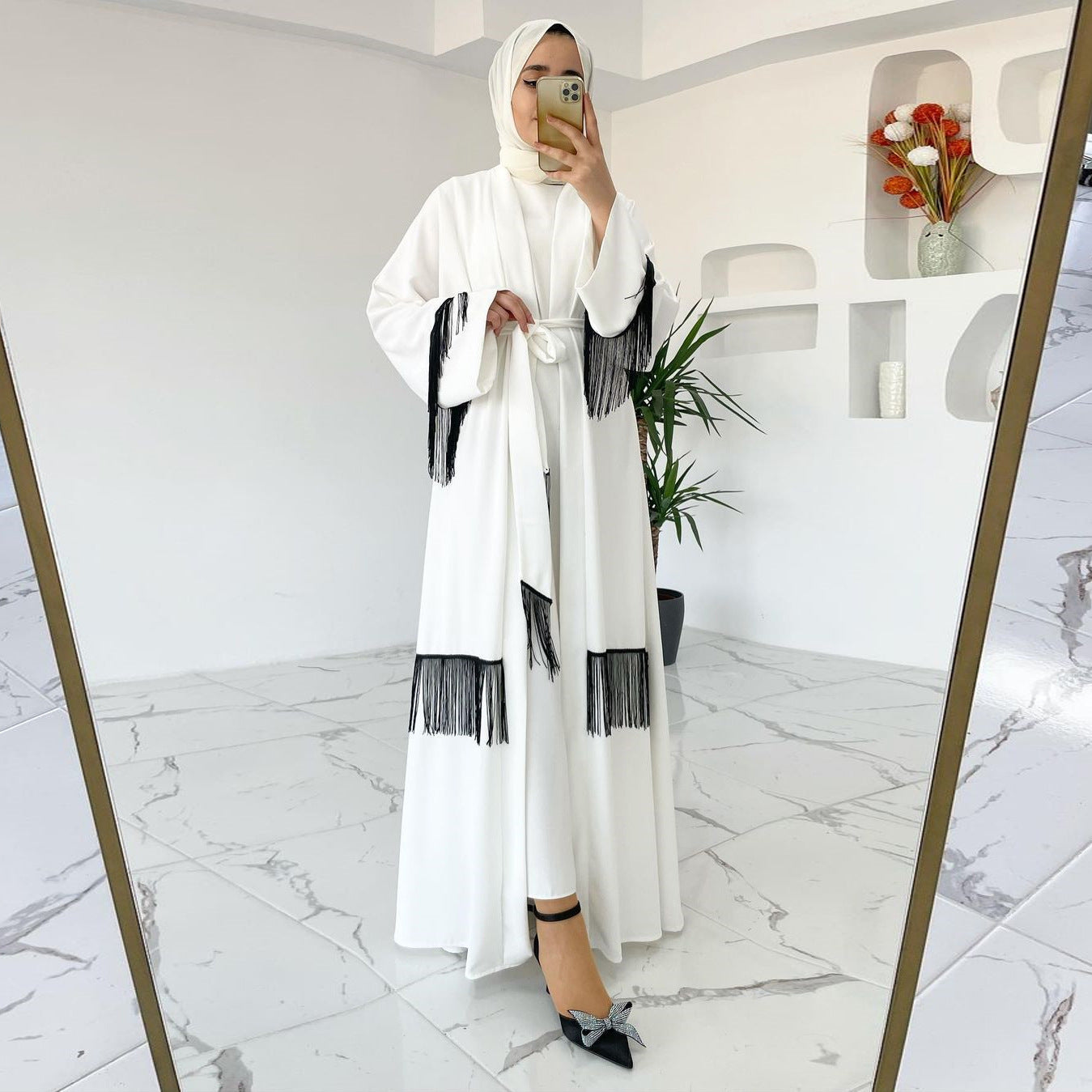 Vêtements ethniques arabes saoudiens du Moyen-Orient Abaya manteau à franges robe de mode