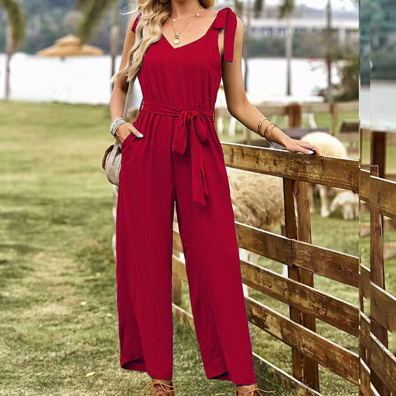 Elegant Ladies Solid Color Ice Linen Jumpsuit S-XL