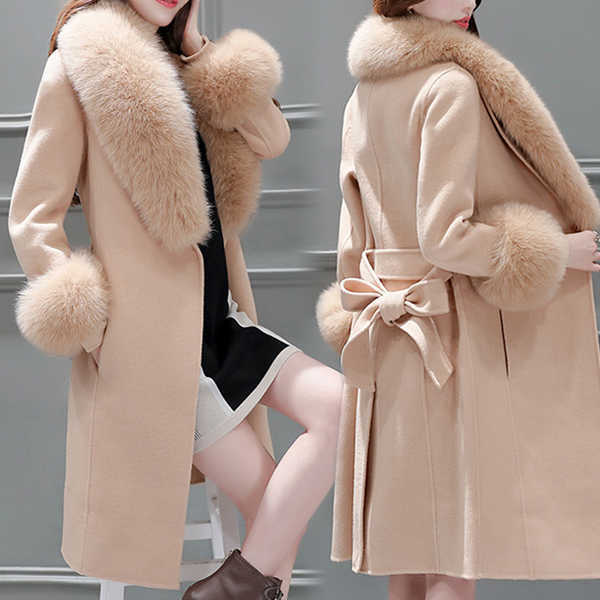 Women's Long Lace-Up Coat with Fur Collar