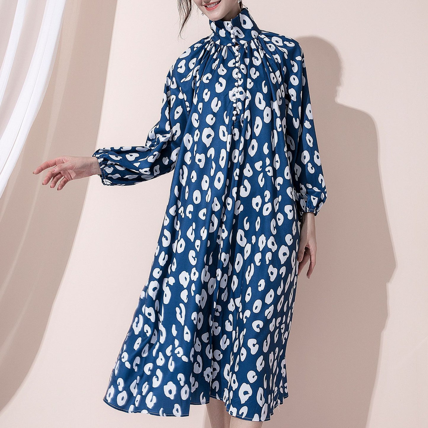 Temperament Stand Collar Buttoned Slim Mid-length Puff Sleeve Printed Dress