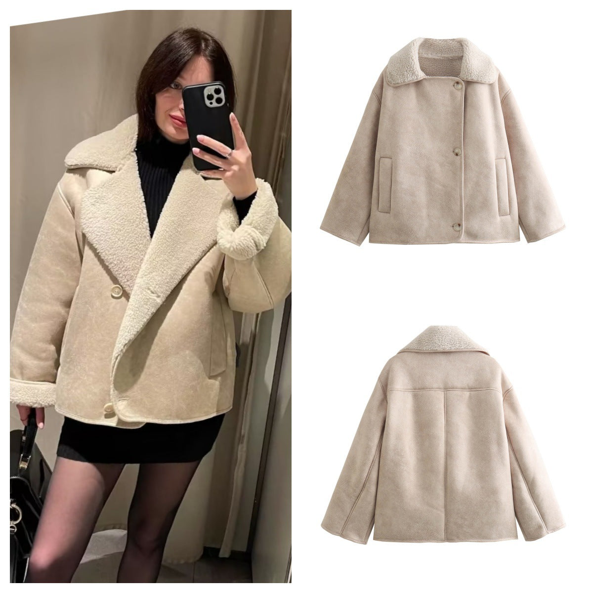 Milky White Polo Collar Suede Fleece-Lined Warm Coat for Women