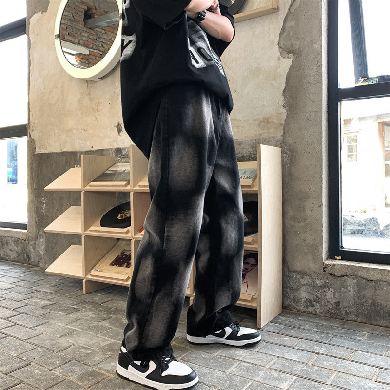 Jean droit noir en coton délavé Tie-Dye Hip-Hop pour hommes et femmes