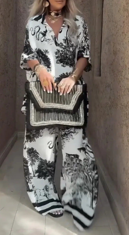 Casual V-neck Printed Short-sleeved Top Loose Wide Leg Pants 2-piece Set