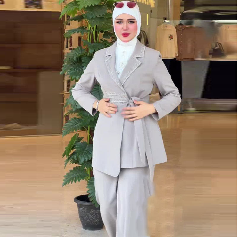 Women’s Two-Piece Suit Set Long Sleeve Coat & Pants Polyester Black Gray S-XXL