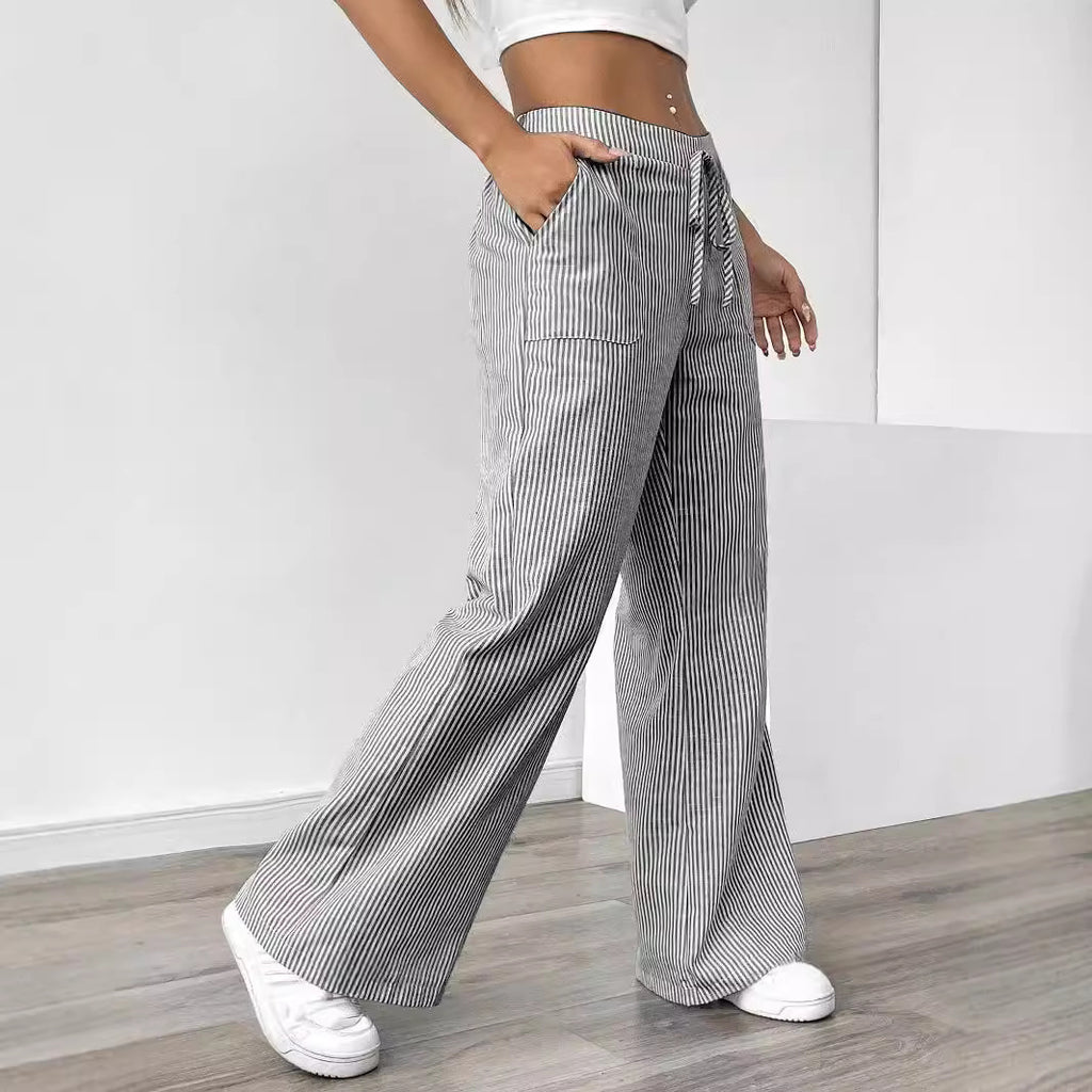 Striped Wide Leg Trousers with Pockets Casual Loose Pants for Women