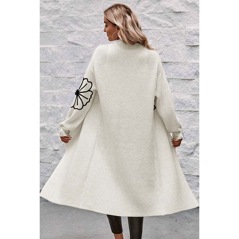 Women's Medium-Length Flower Embroidered Cardigan Sweater