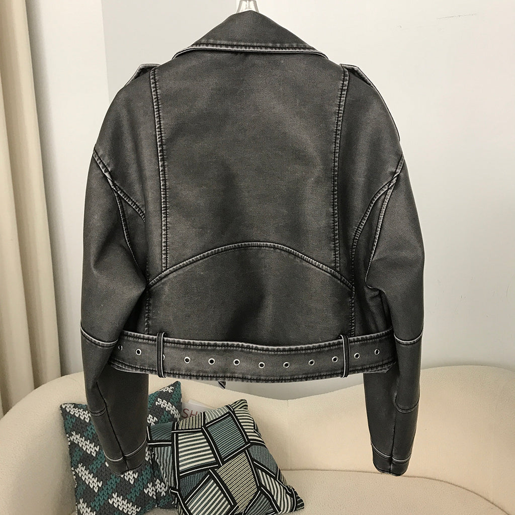 Veste moto femme en cuir PU lavé bicolore Coupe ajustée Printemps et Automne