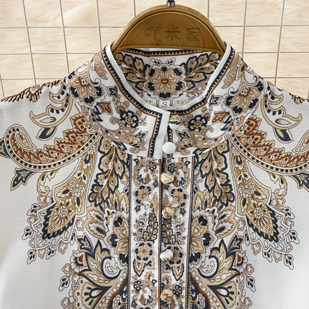 Retro Graceful Stand Collar Printed Waist-controlled Buckle A- Line Muslim Casual Dress