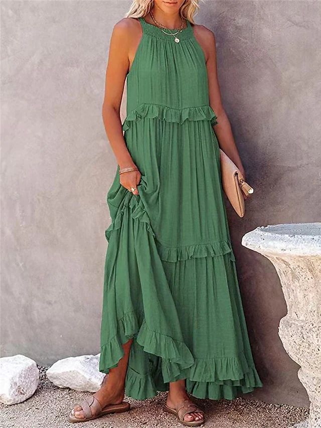 Robe longue d'été à volants, dos nu, col halter, pour femmes