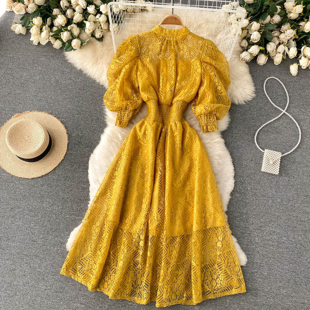 Vintage Elegant High Waist Lace Dress for Thin Girls One Size