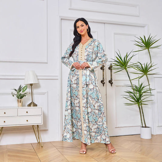 Arab Abaya Gown Dress With Printed Hot-stone And Embroidered Detailing