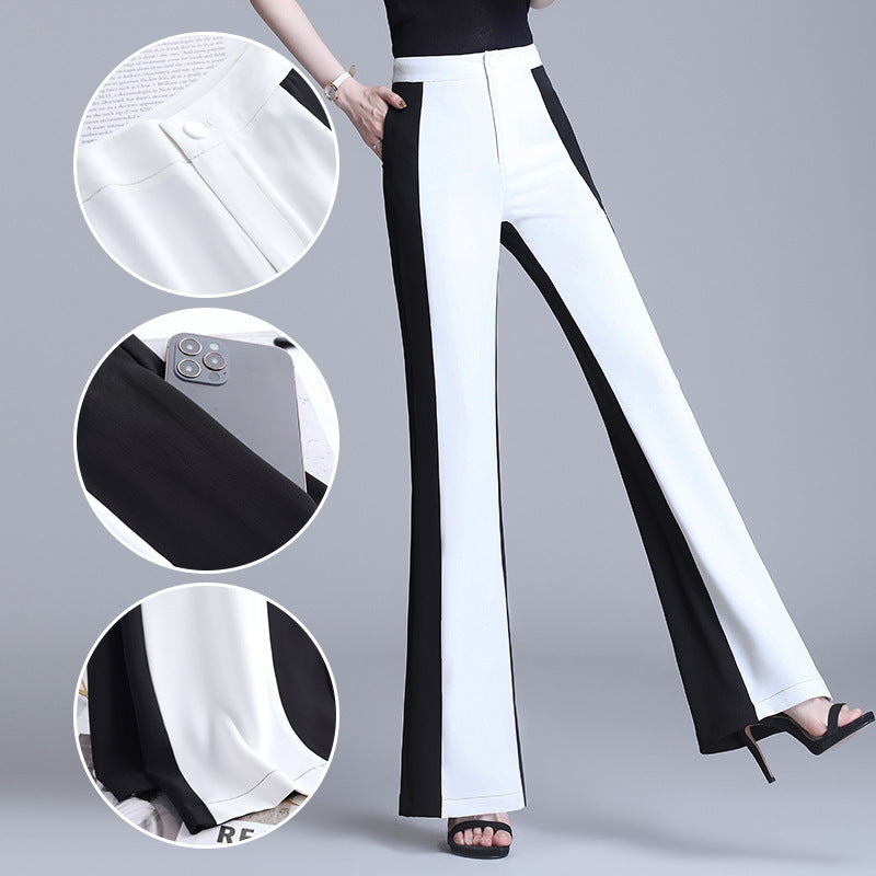 Women's Casual High-Waist Black & White Stitching Chiffon Straight-Leg Trousers