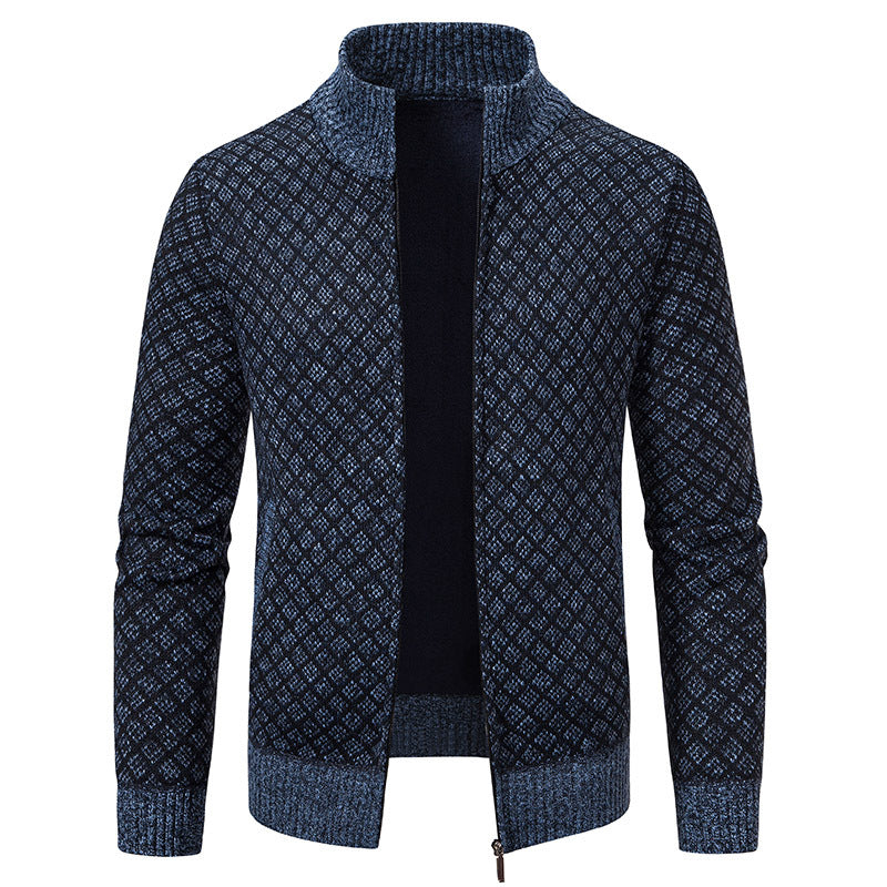 Men's Slim Fit Thickened Plaid Zipper Cardigan Sweater Stand Collar Long Sleeve Winter Knit