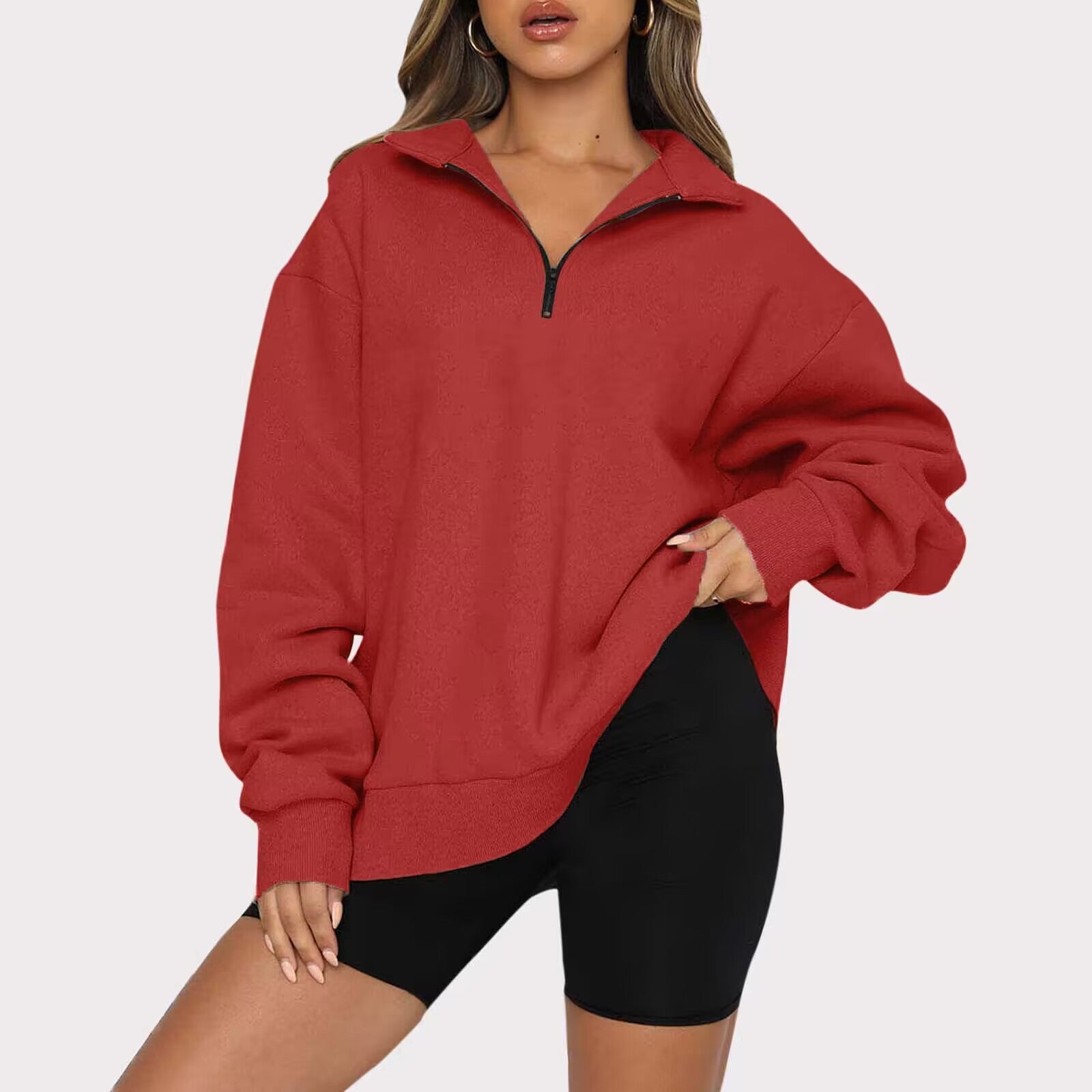 Sweat-shirt zippé femme à col rabattu – Haut pull ample et décontracté