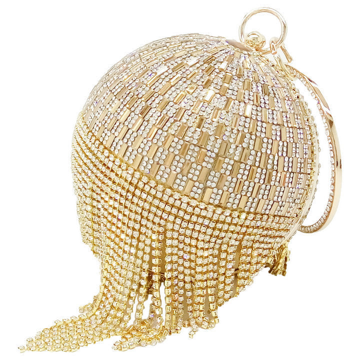 Small Round Tassel Tote Bag with Rhinestones and Chain Handle