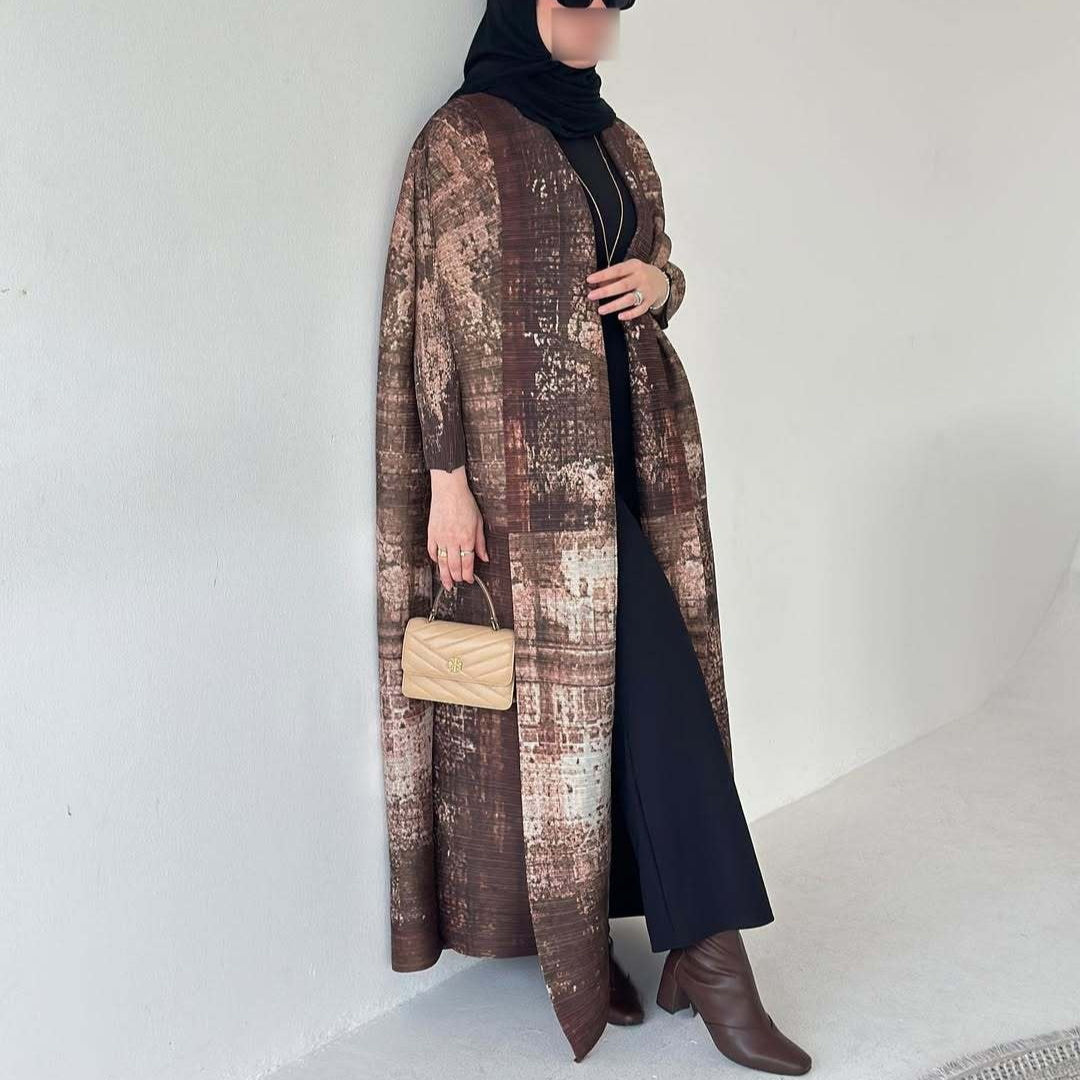 Pleated Trench Djellaba Printed Shawl Cardigan Ethnic Cloak Coat for Middle East Women