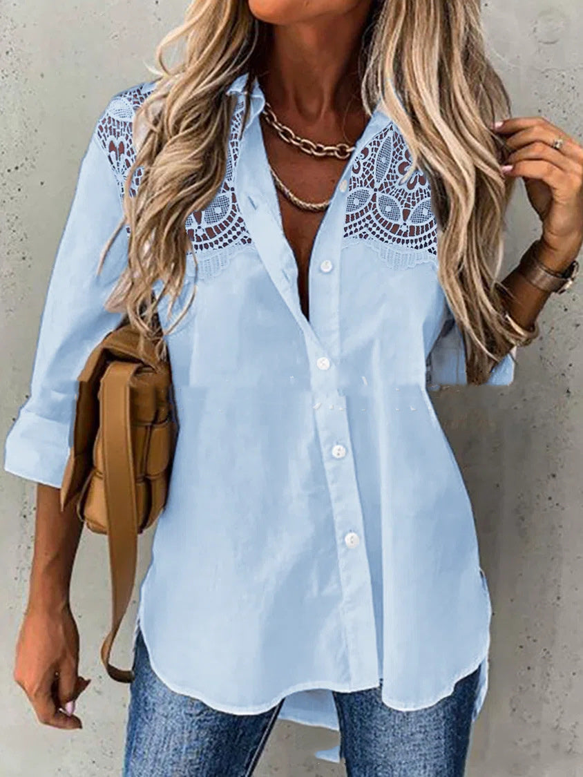 Chemise cardigan à revers en dentelle à manches longues ample de couleur unie pour femmes