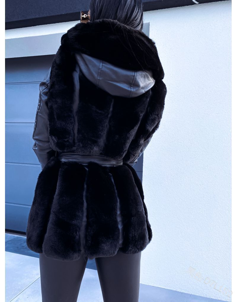 Women's Hooded Zipper Jacket with Fur Belt in Pink, Gray, Black, Brown