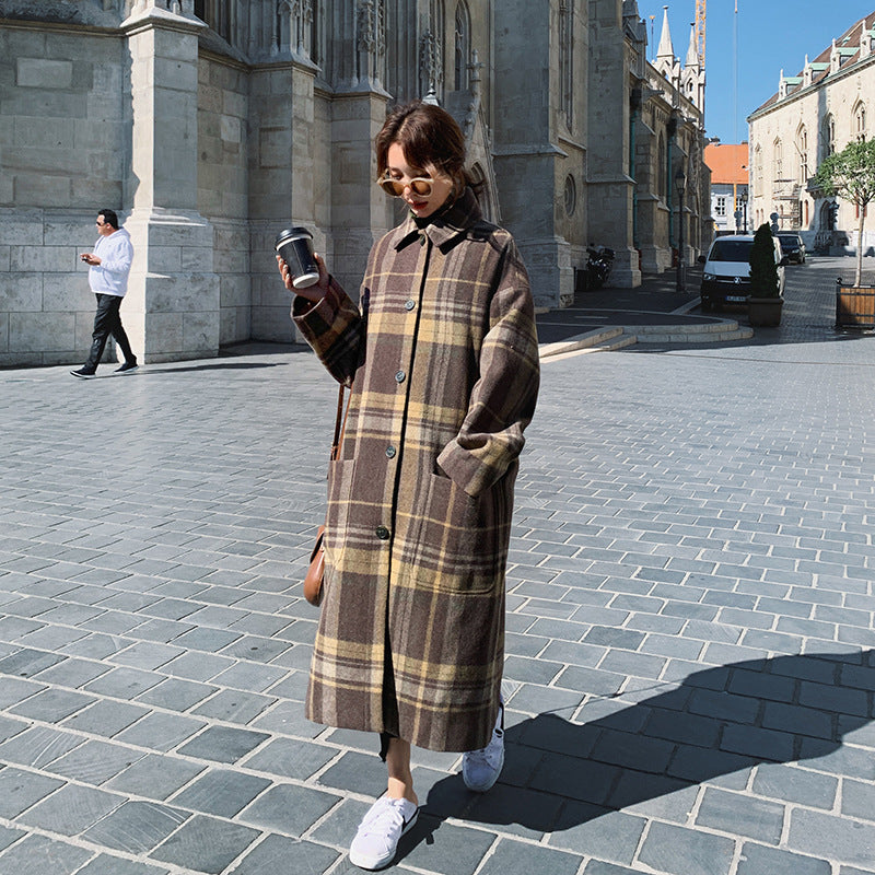 Manteau ample en laine épais à carreaux pour femme, automne-hiver, en fibre de polyester marron