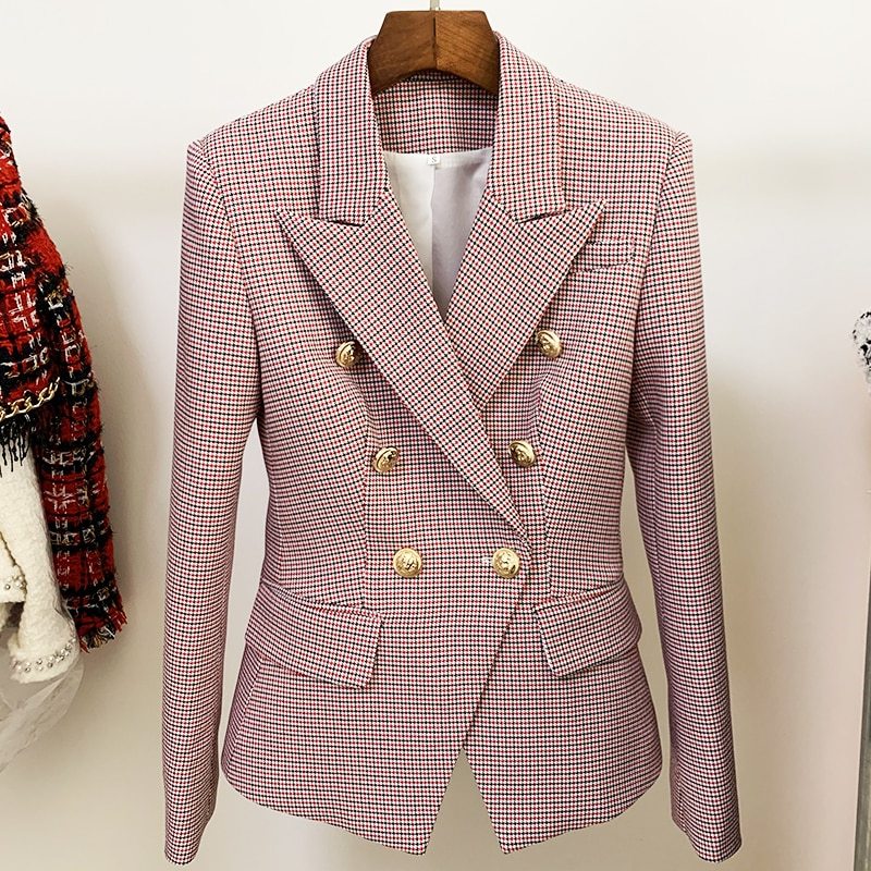 Women’s Red Houndstooth Double-Breasted Long-Sleeve Blazer Jacket