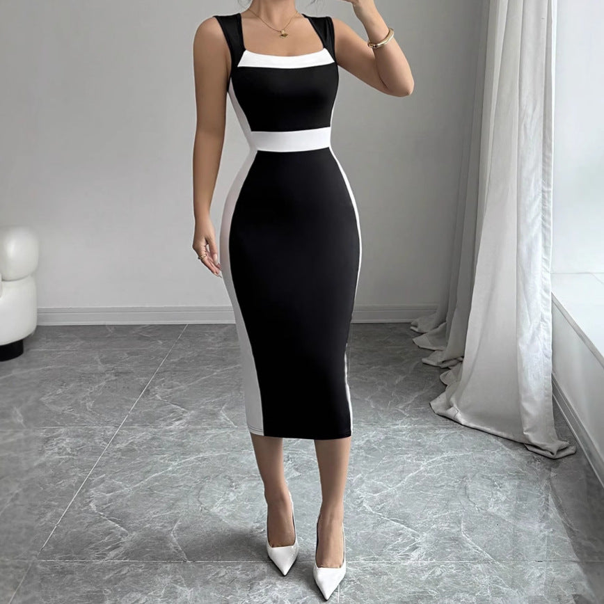Women's Intellectual Style Dress With Square Neckline, Spaghetti Straps, And Color-blocked Maxi Dress