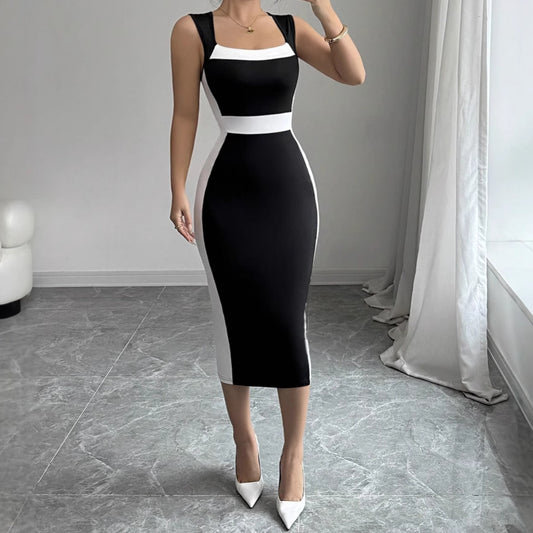 Women's Intellectual Style Dress With Square Neckline, Spaghetti Straps, And Color-blocked Maxi Dress
