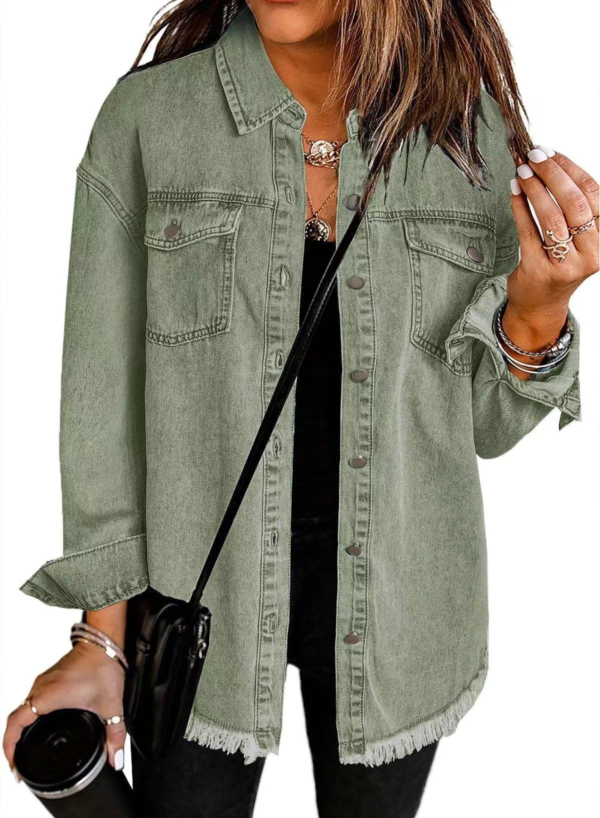 Washed Denim Shirt Women’s Street Style Frayed Hem Coat