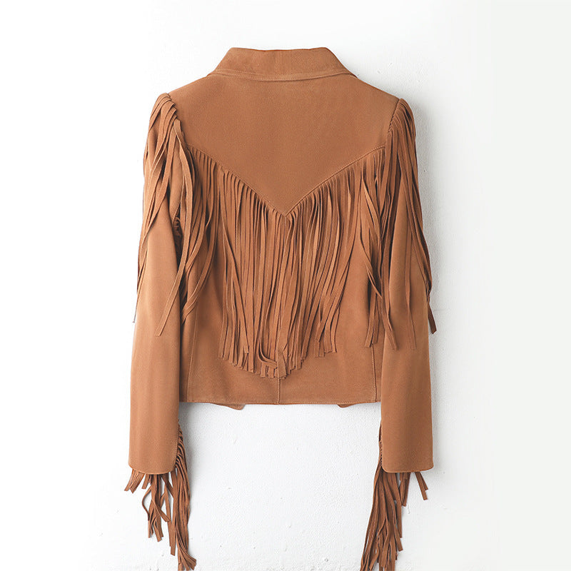 Veste courte de moto en daim peau de mouton cuir véritable à pompon