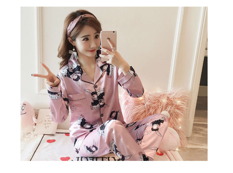 Women's Spring & Autumn Ice Silk Pajama Set Loose Homewear Trousers