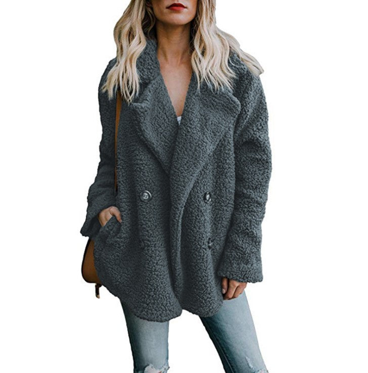 Autumn Winter Button Suit Collar Pocket Blouse Polyester Fiber