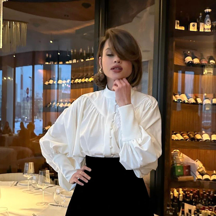 White Casual Small Stand-Up Collar Lantern Sleeve Pleated Shirt