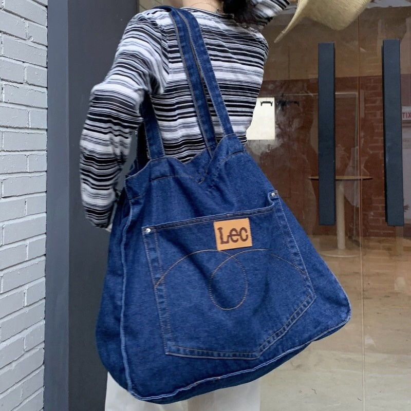 Japanese Denim Shoulder Bag With Large Capacity