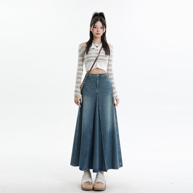 Jupe en jean trapèze mi-longue taille haute rétro style américain