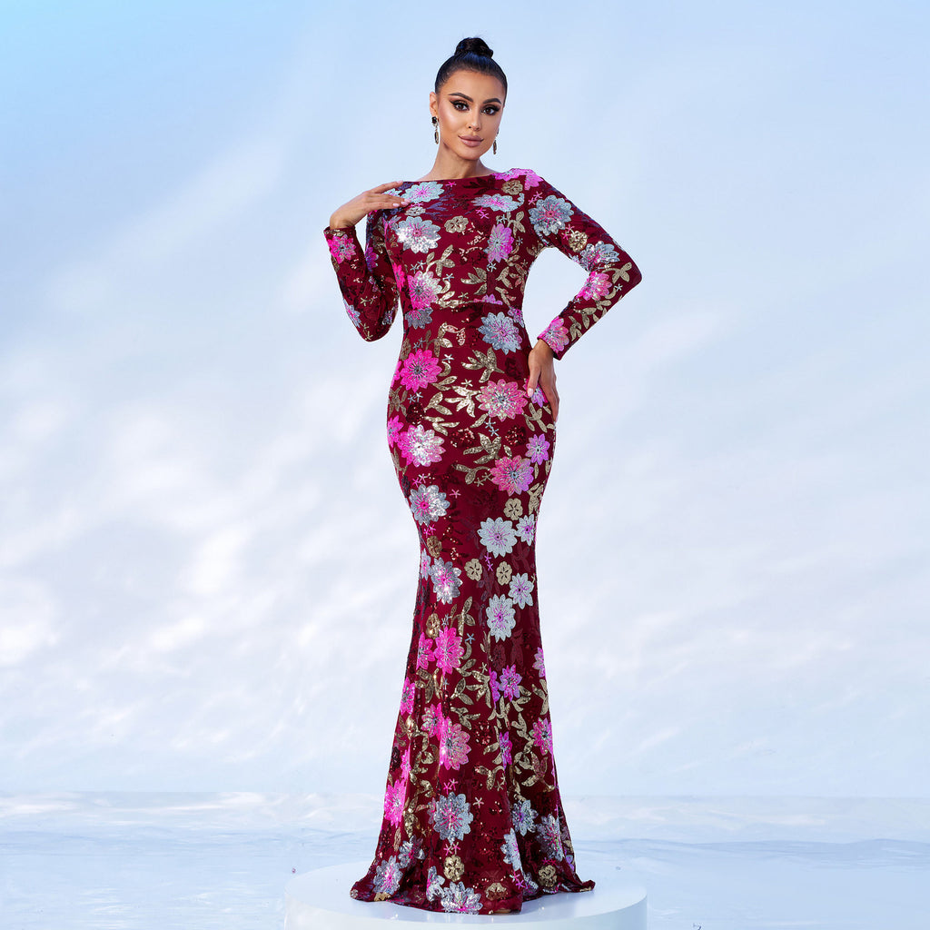 Long Sleeve Sequined Evening Gown Crew Neck Bridesmaid Dress