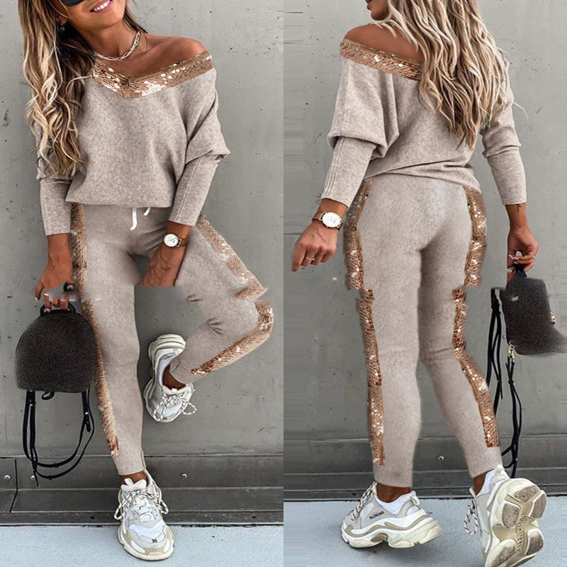 European & American V-Neck Sequin Stitching Suit