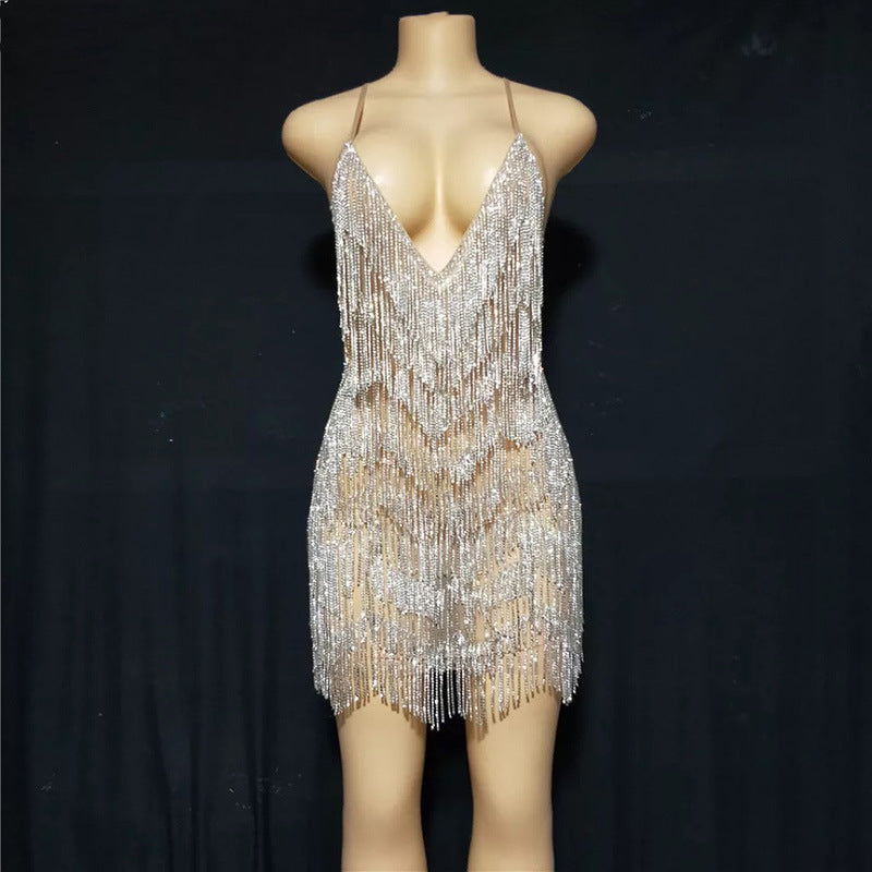 Sexy Deep V Rhinestone Tassel Bulk Evening Gown