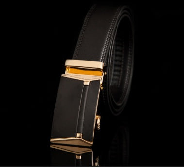 Men's Leather Automatic Buckle Belt 3.55CM Wide with Gold Buckle Head
