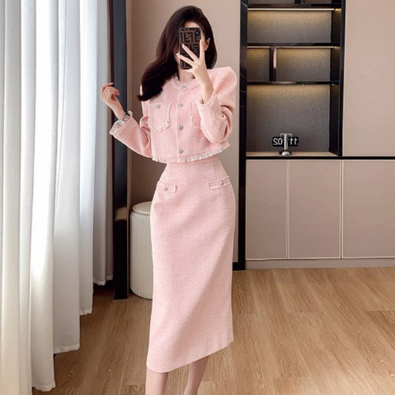 Ensemble jupe longue taille haute rose classique en laine pour femme S-XL
