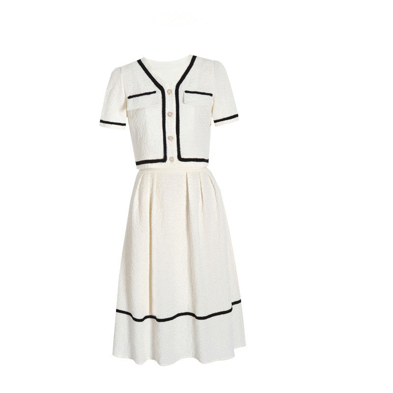 Ensemble jupe et haut à manches courtes pour femme en mélange de coton blanc doré