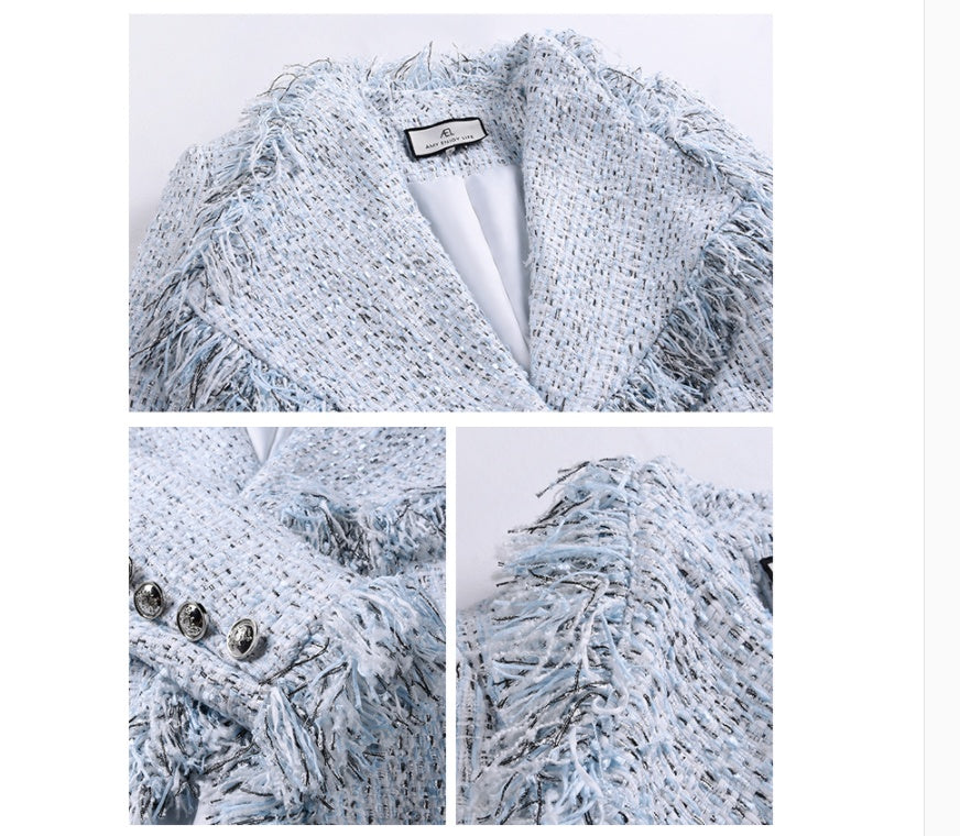 Veste en laine à franges pour femme à grand revers, coupe ajustée