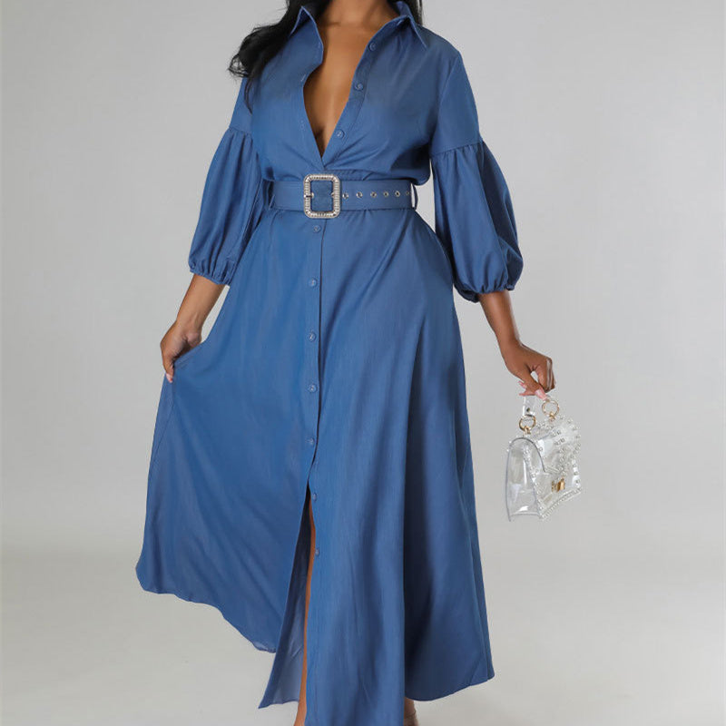 Women's Blue Denim Long Sleeve Shirt with Belt