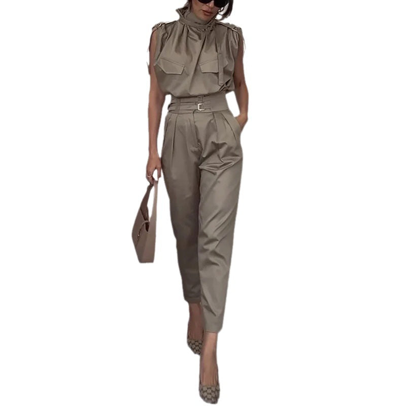 Shoulder and Waist Slimming Blouse with Belt and Pants Set