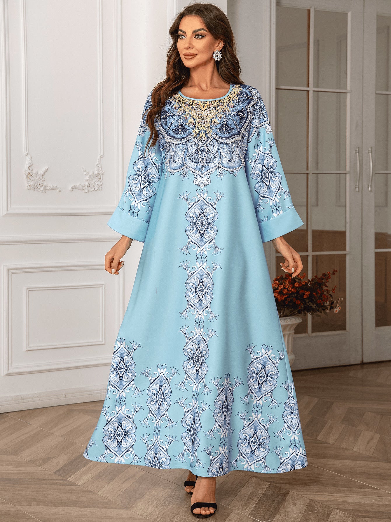 High Density Rhinestone Floral-print Beaded Arabian Elegant Abaya Round Neck Dress