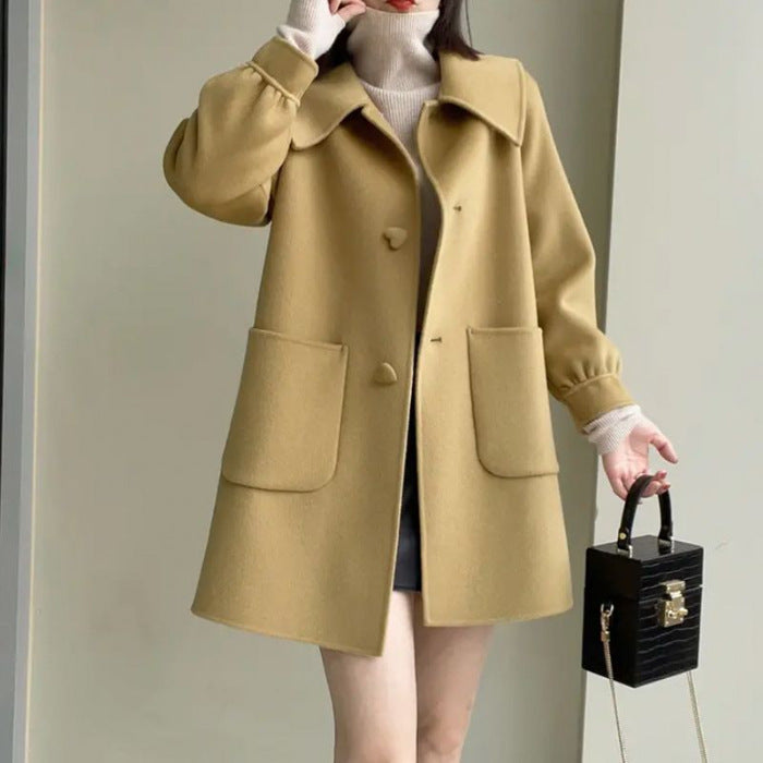 Slim Fit Medium Woolen Coat with Heart Buckle & Peter Pan Collar for Women