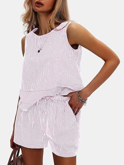 Vertical Striped Waist Round Neck Sleeveless Suit