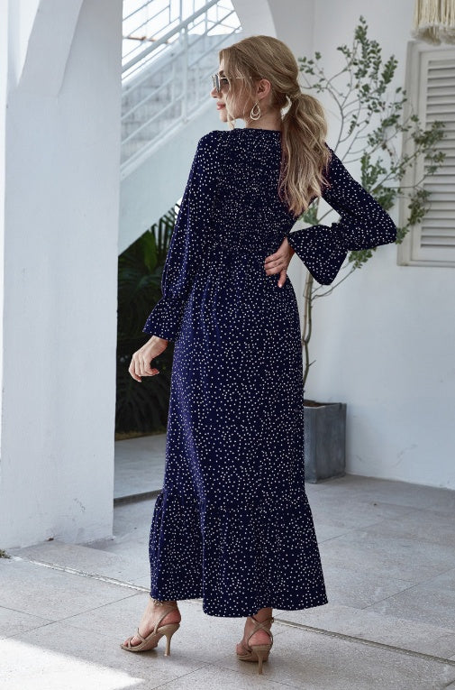 Polka Dot Long Sleeve Cotton Blend Dress in Multiple Colors