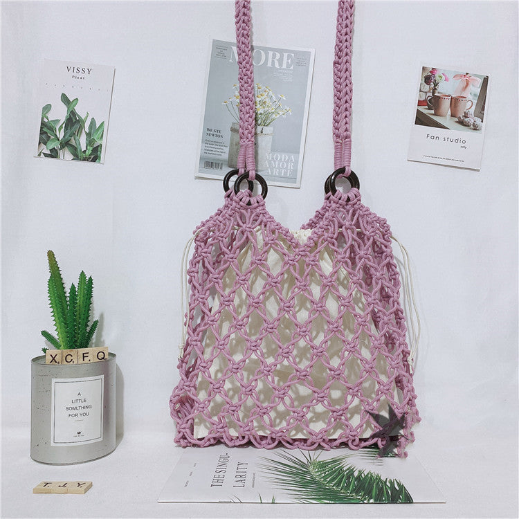 Women’s One Shoulder Straw Beach Bag with Drawstring Closure